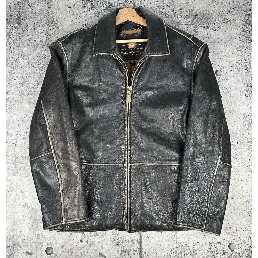 Marc New York Black Patina Leather Jacket  Large Quilted Lined Very Good Quality